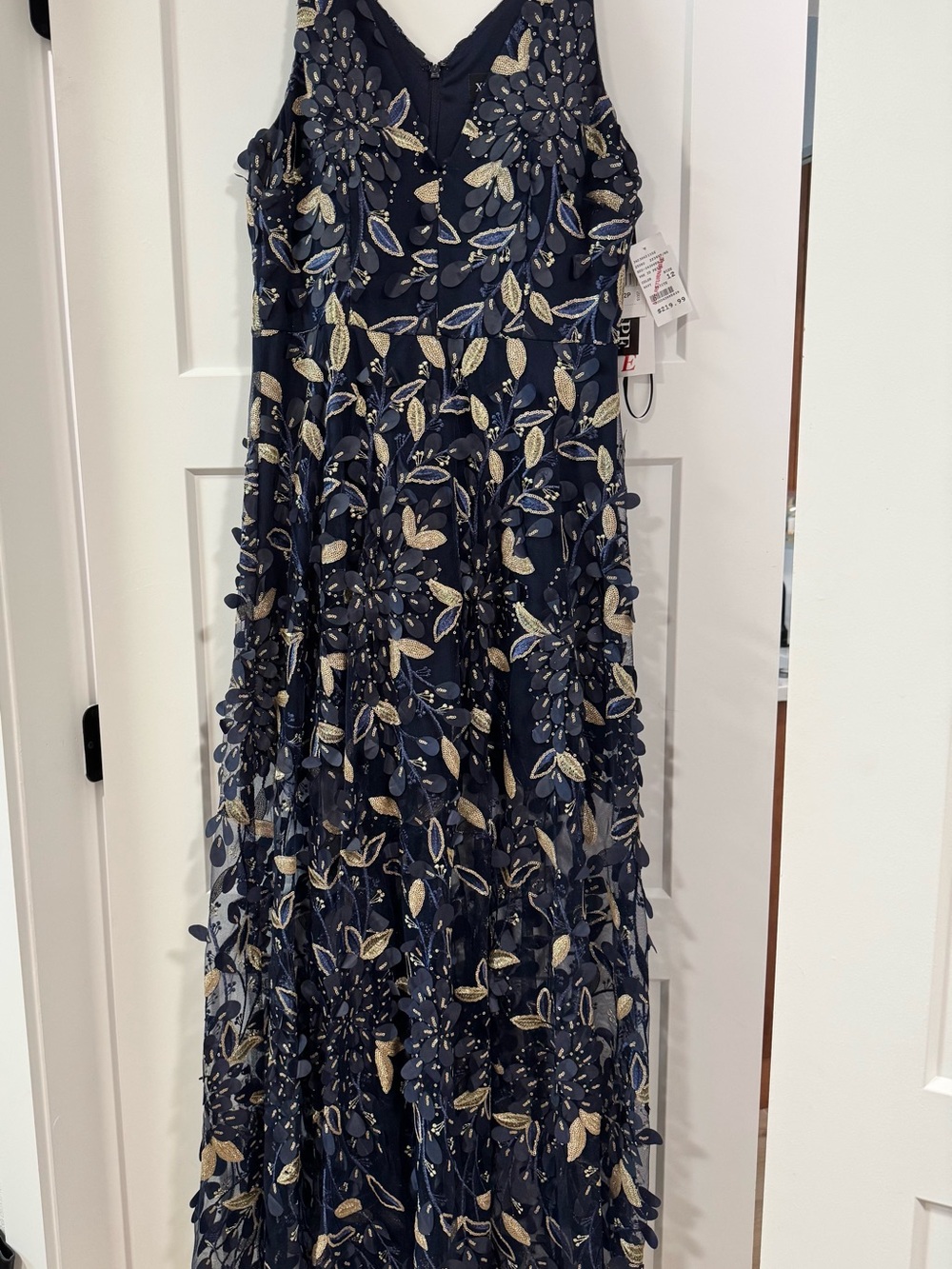 Xscape Navy Blue and Gold Embroidered Maxi Dress
